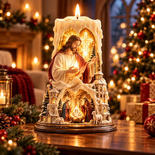 ✝️ Jesus Light of Faith – Nativity-Inspired Christian Candle Sculpture & Christmas Decor