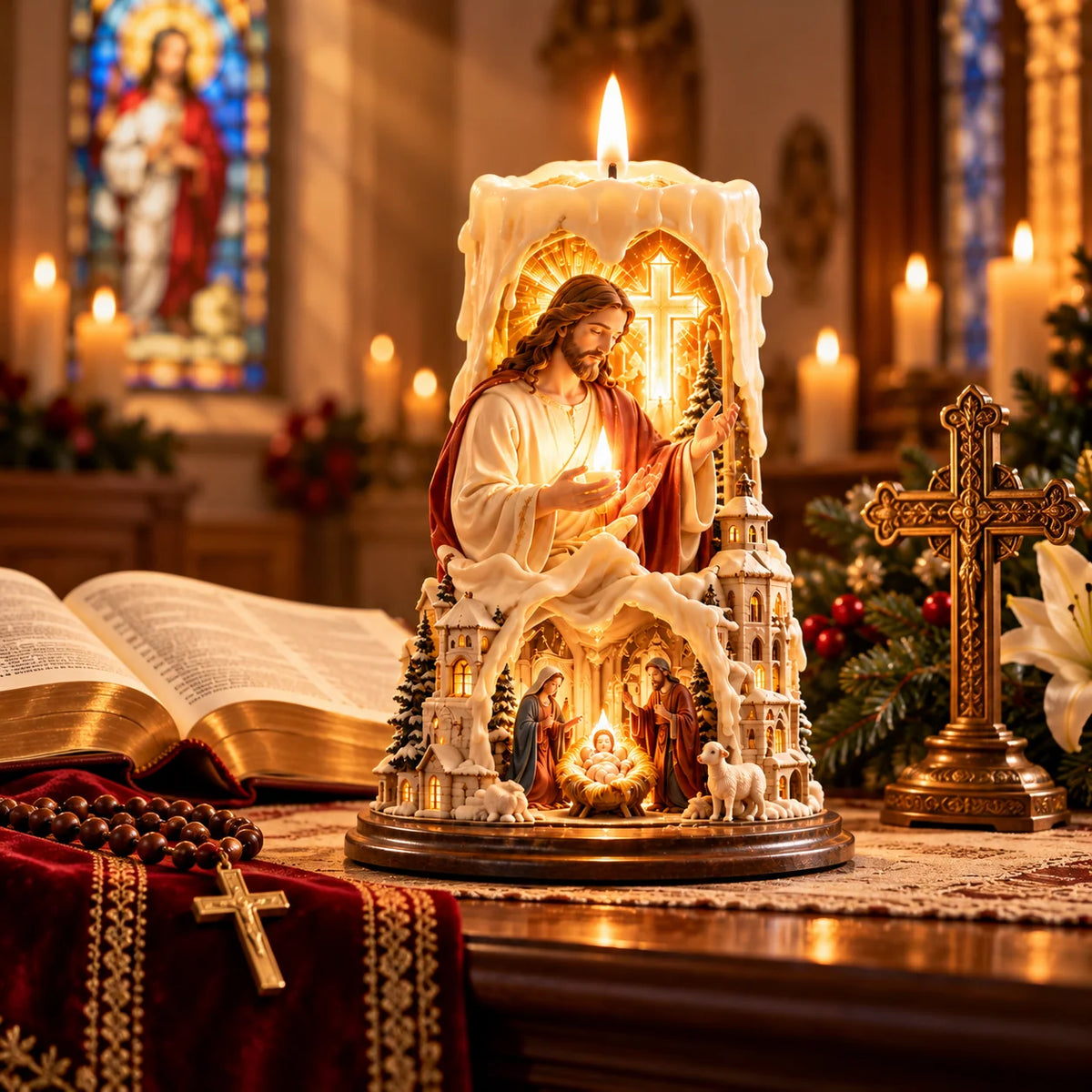 ✝️ Jesus Light of Faith – Nativity-Inspired Christian Candle Sculpture & Christmas Decor