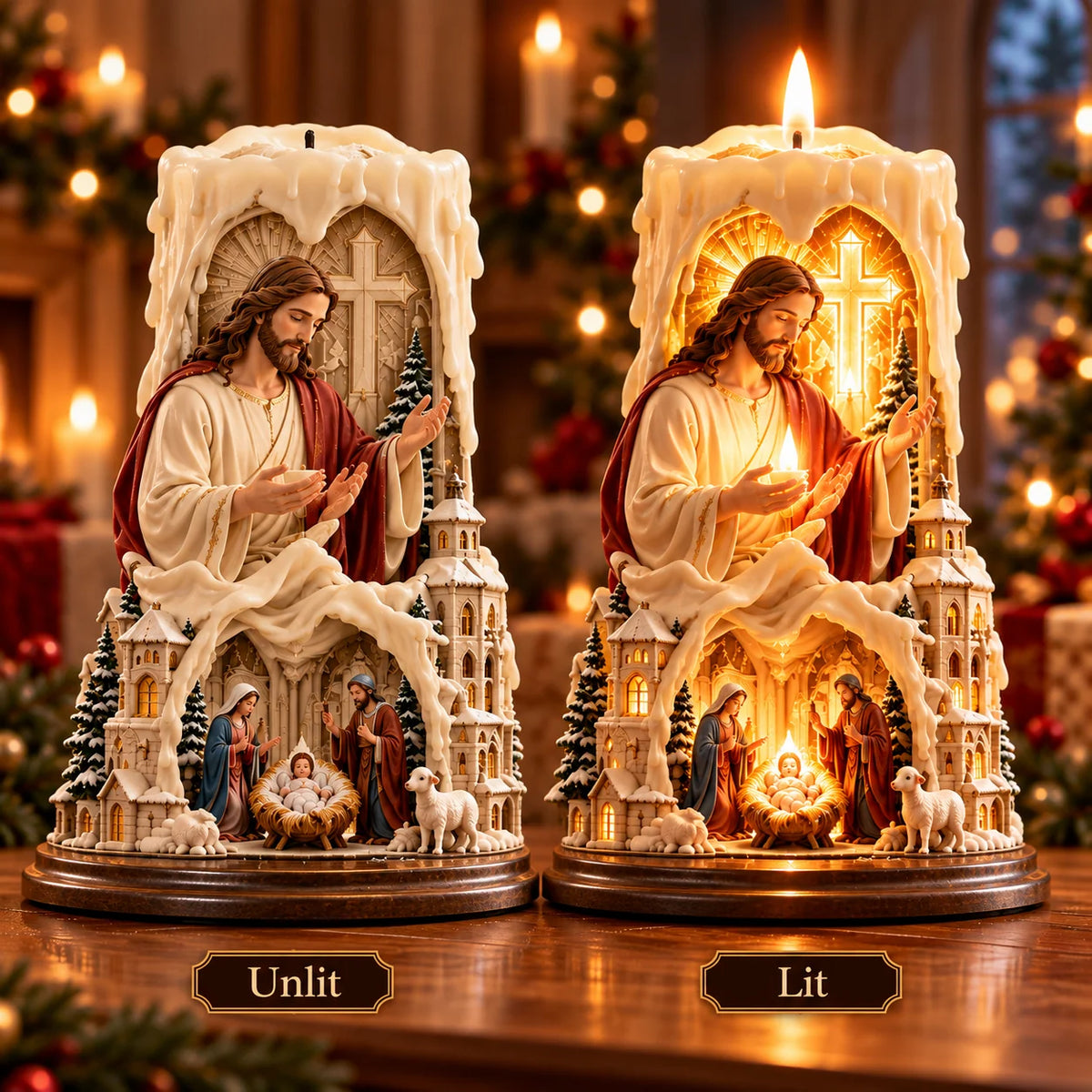 ✝️ Jesus Light of Faith – Nativity-Inspired Christian Candle Sculpture & Christmas Decor