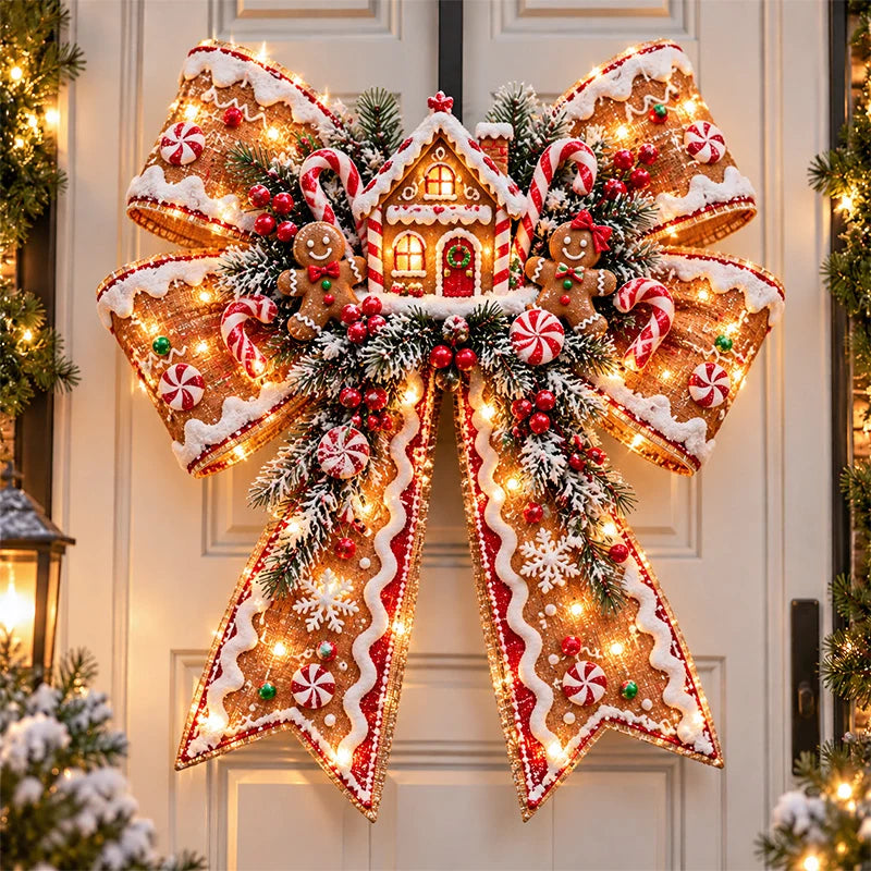 🎀 Light-Up Christmas Bow Door Hanger – Oversized 21″ × 24″ Holiday Door Decoration, 6 Festive Styles