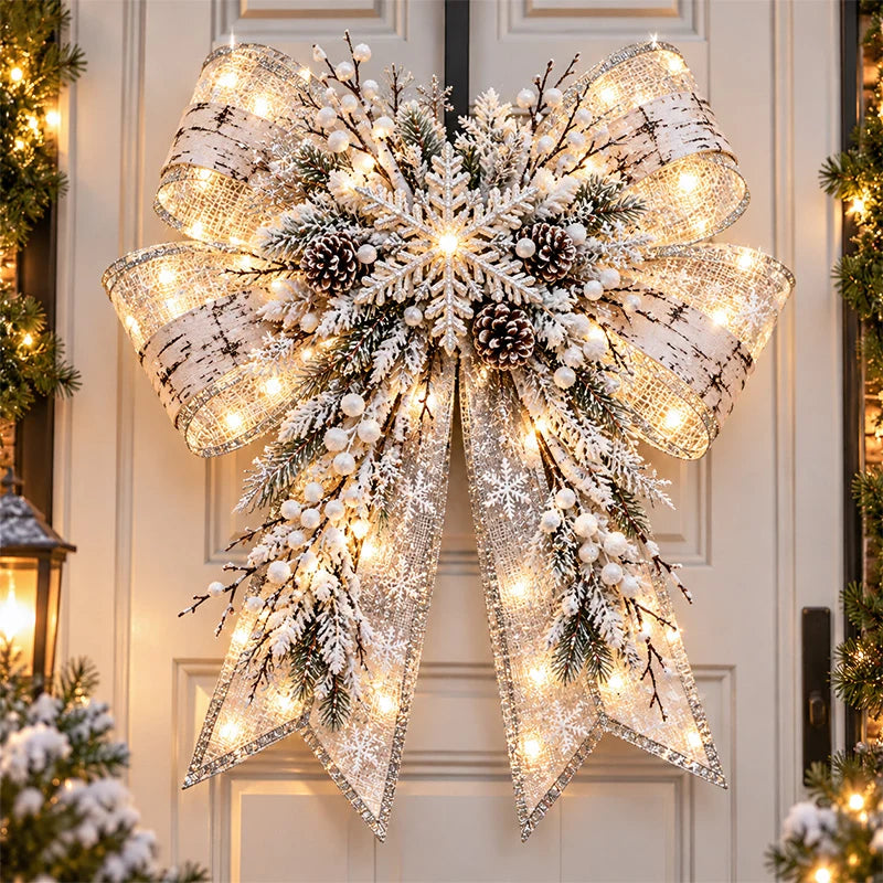 🎀 Light-Up Christmas Bow Door Hanger – Oversized 21″ × 24″ Holiday Door Decoration, 6 Festive Styles