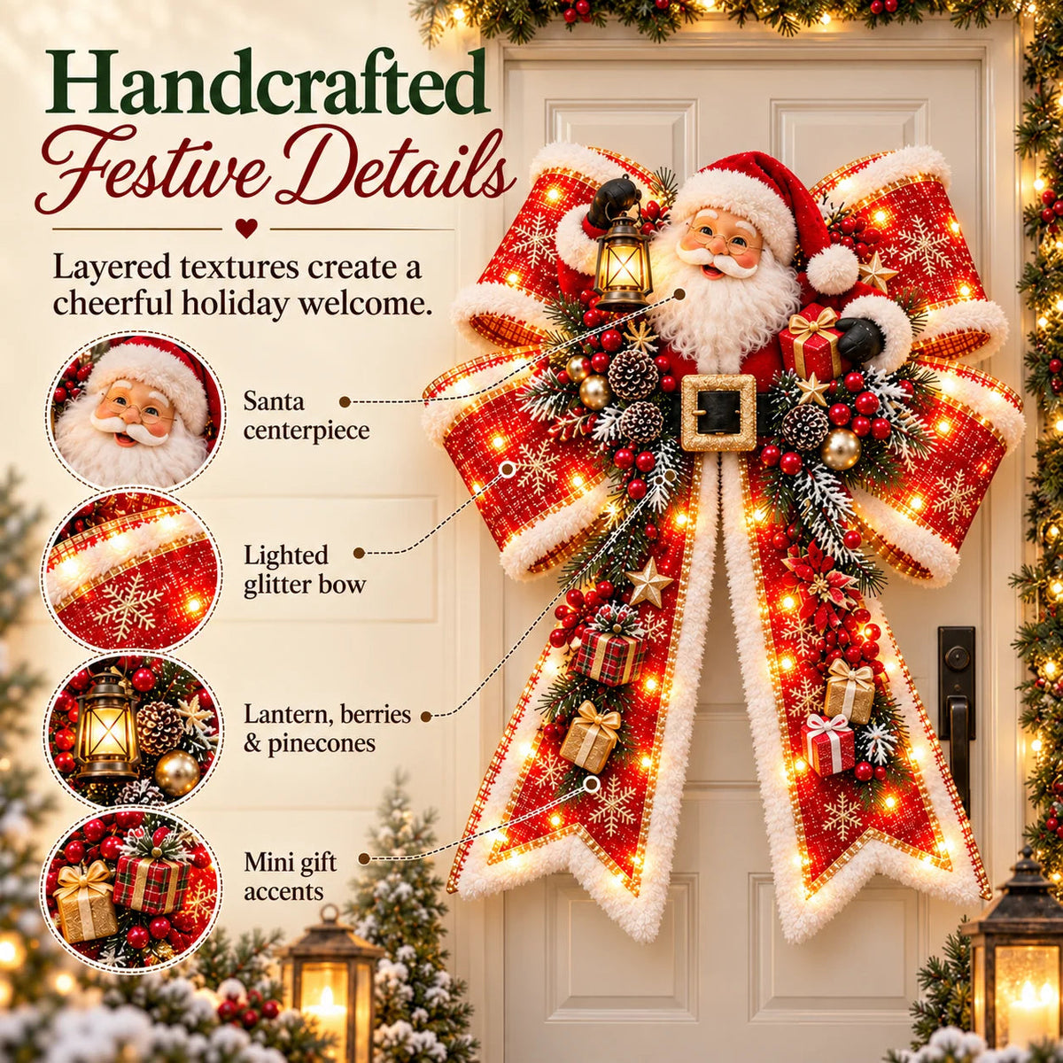🎀 Light-Up Christmas Bow Door Hanger – Oversized 21″ × 24″ Holiday Door Decoration, 6 Festive Styles