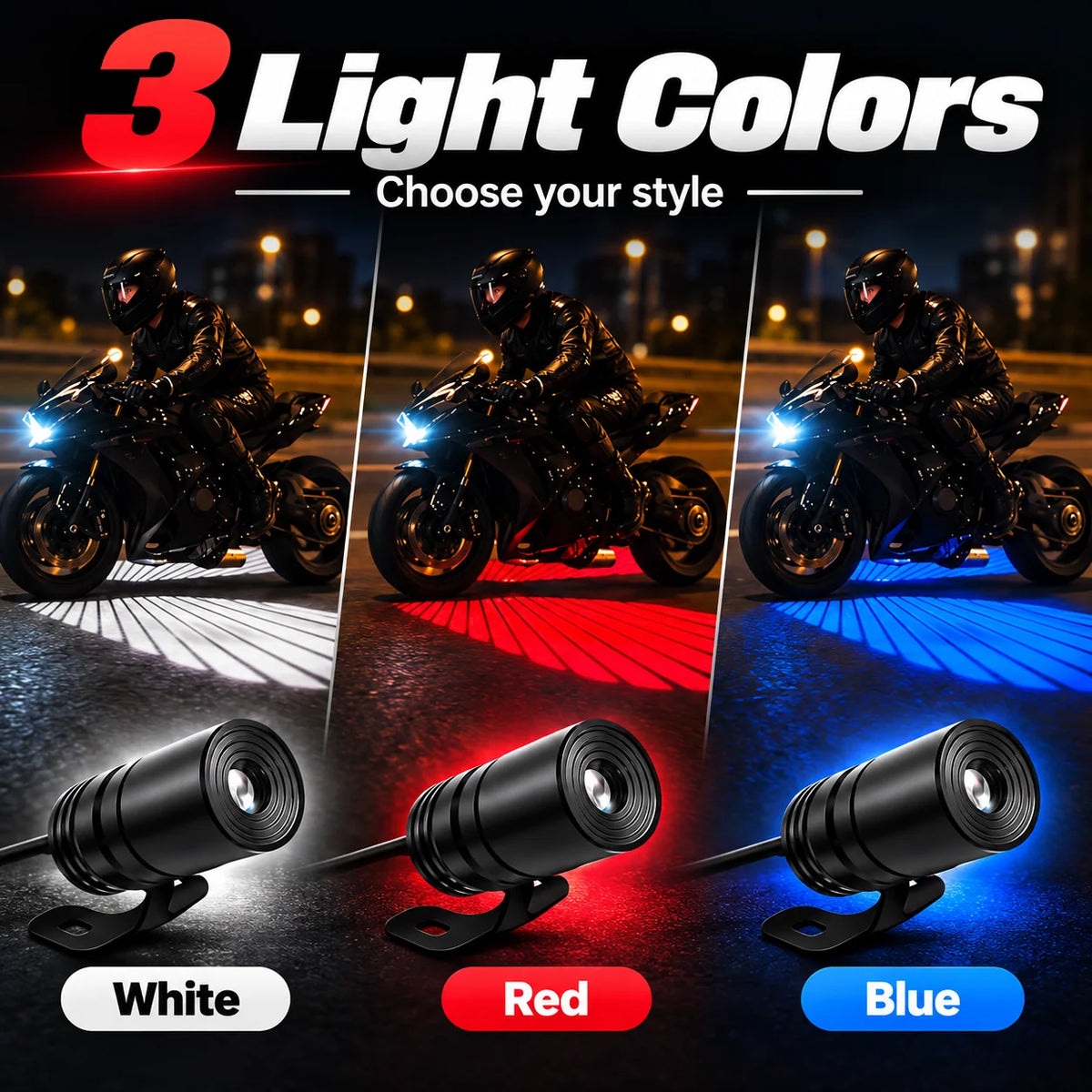 White, red and blue motorcycle ground projection options