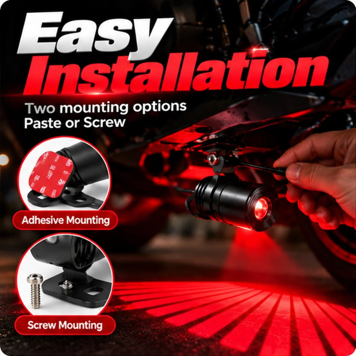 Motorcycle projector installation showing adhesive and screw mounting options