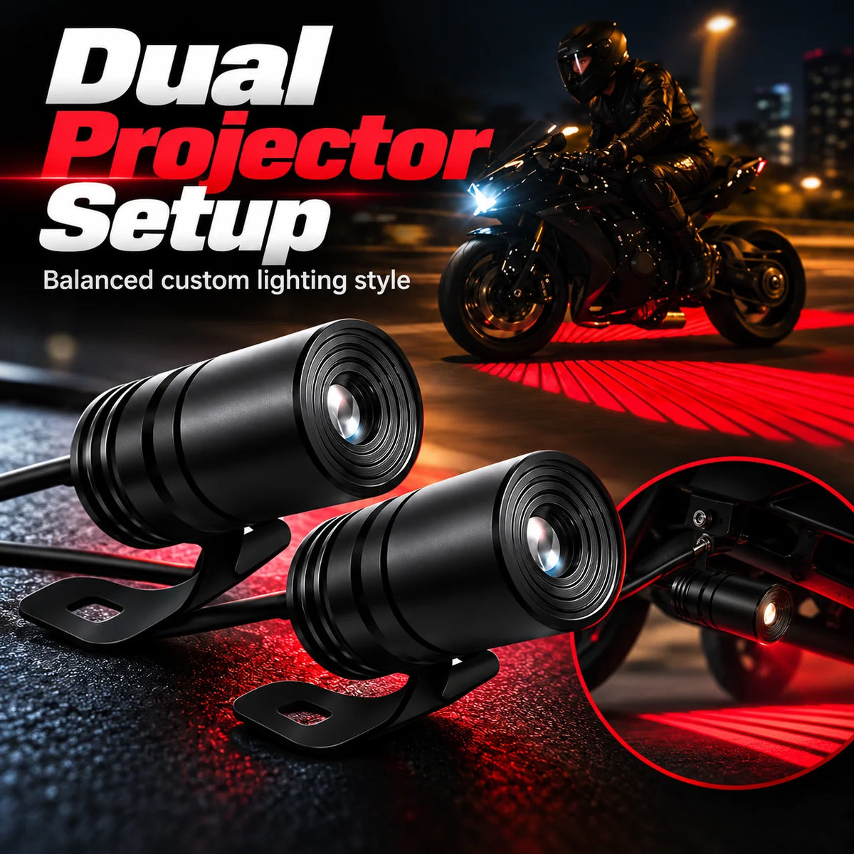 Dual motorcycle projector units with compact mounts and red ground lighting