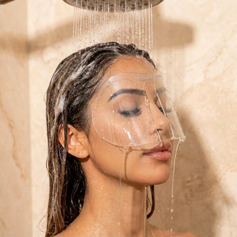 Clear waterproof face protector worn during a shower to help shield lash extensions from water