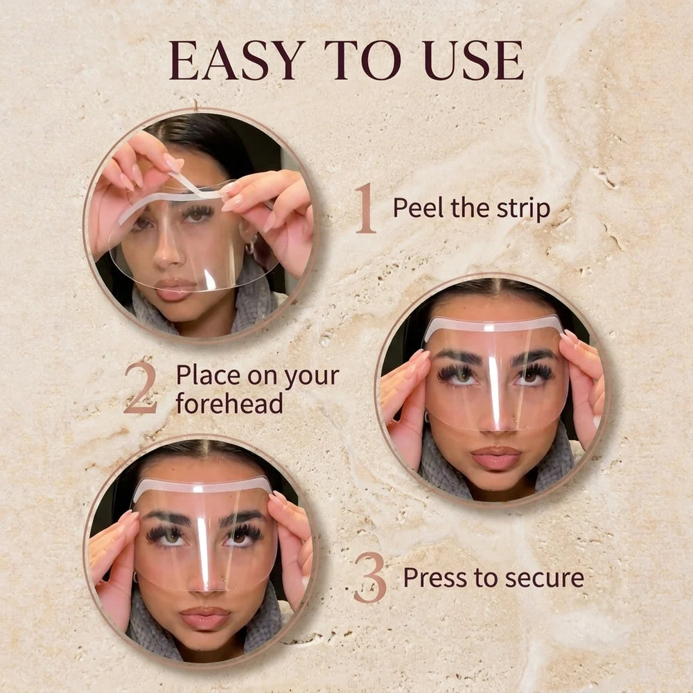 Three-step product instructions showing how to peel the strip, place the shield on the forehead and press to secure