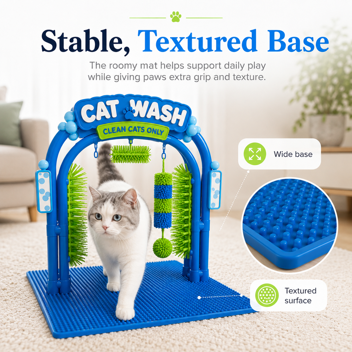 White cat walking across wide textured blue grooming station base