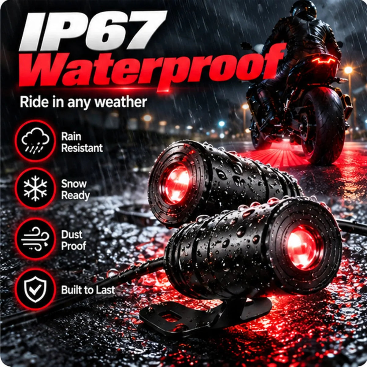 IP67-labeled motorcycle projection lights with water droplets on their housings