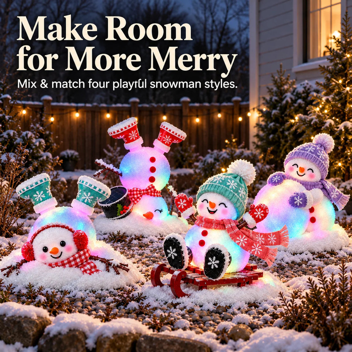 ☃️ Light-Up Christmas Snowmen – 4 Playful Holiday Characters, Individual Styles or Full Set