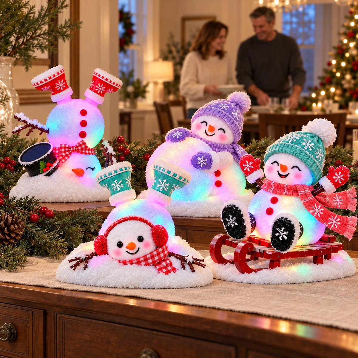 ☃️ Light-Up Christmas Snowmen – 4 Playful Holiday Characters, Individual Styles or Full Set