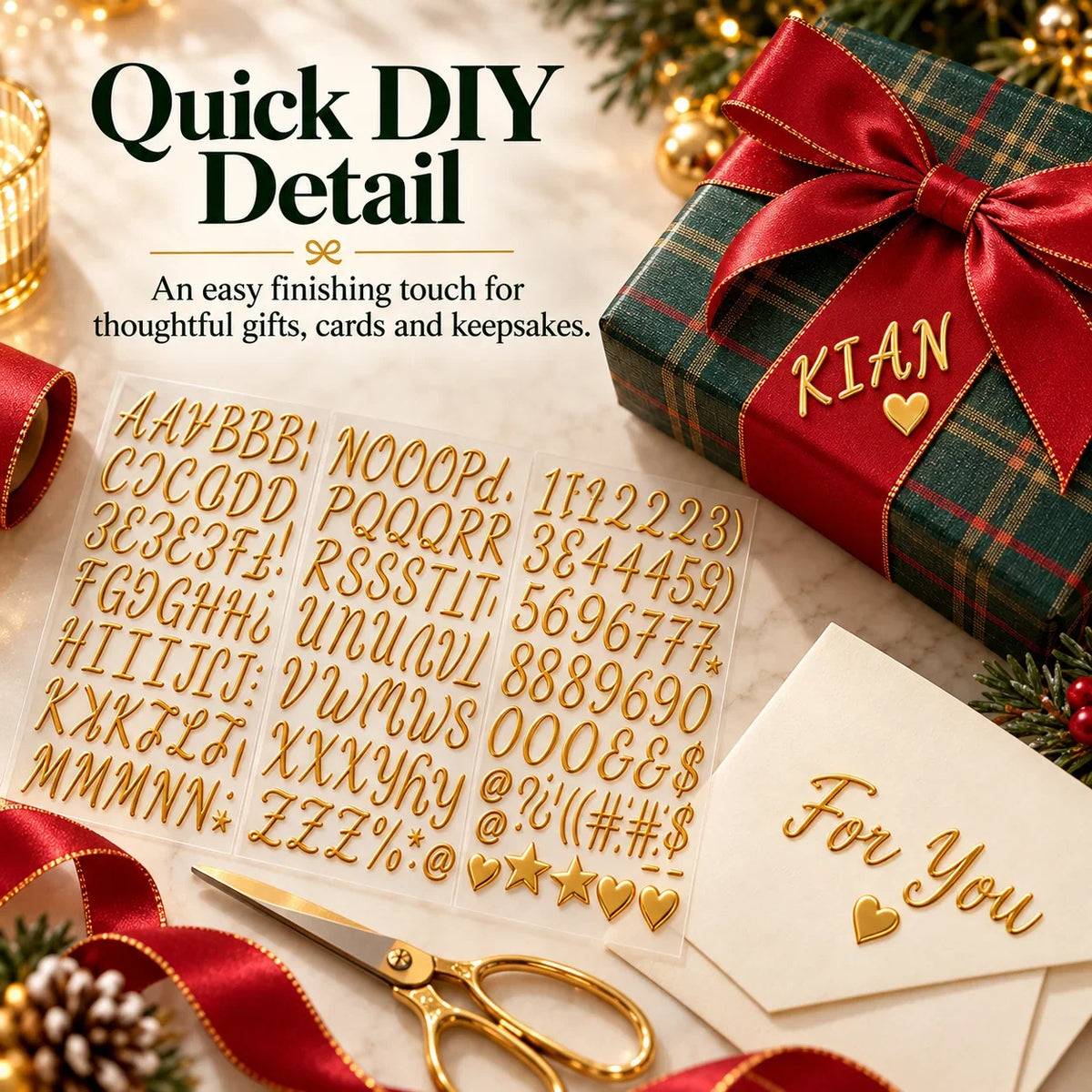 🎁✨ 3D Metallic Alphabet Stickers – Raised Letter, Number & Symbol Decals for Personalized Gifts, Cards & DIY Crafts 🎄 | 5 Colors