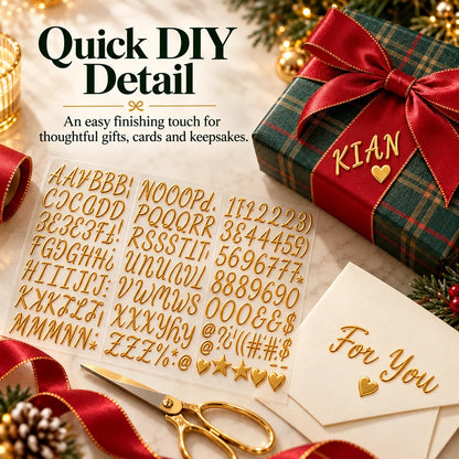🎁✨ 3D Metallic Alphabet Stickers – Raised Letter, Number & Symbol Decals for Personalized Gifts, Cards & DIY Crafts 🎄 | 5 Colors