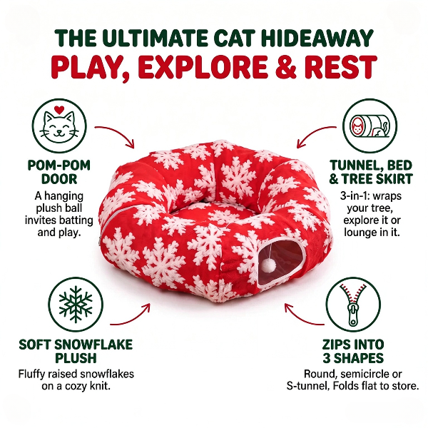 🐱 3-in-1 Christmas Cat Tunnel Bed & Tree Skirt – Cozy Donut Hideaway with Zipper