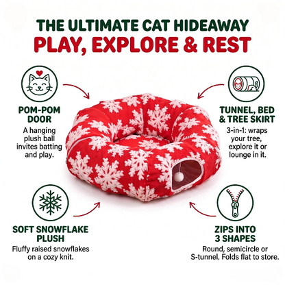 🐱 3-in-1 Christmas Cat Tunnel Bed & Tree Skirt – Cozy Donut Hideaway with Zipper