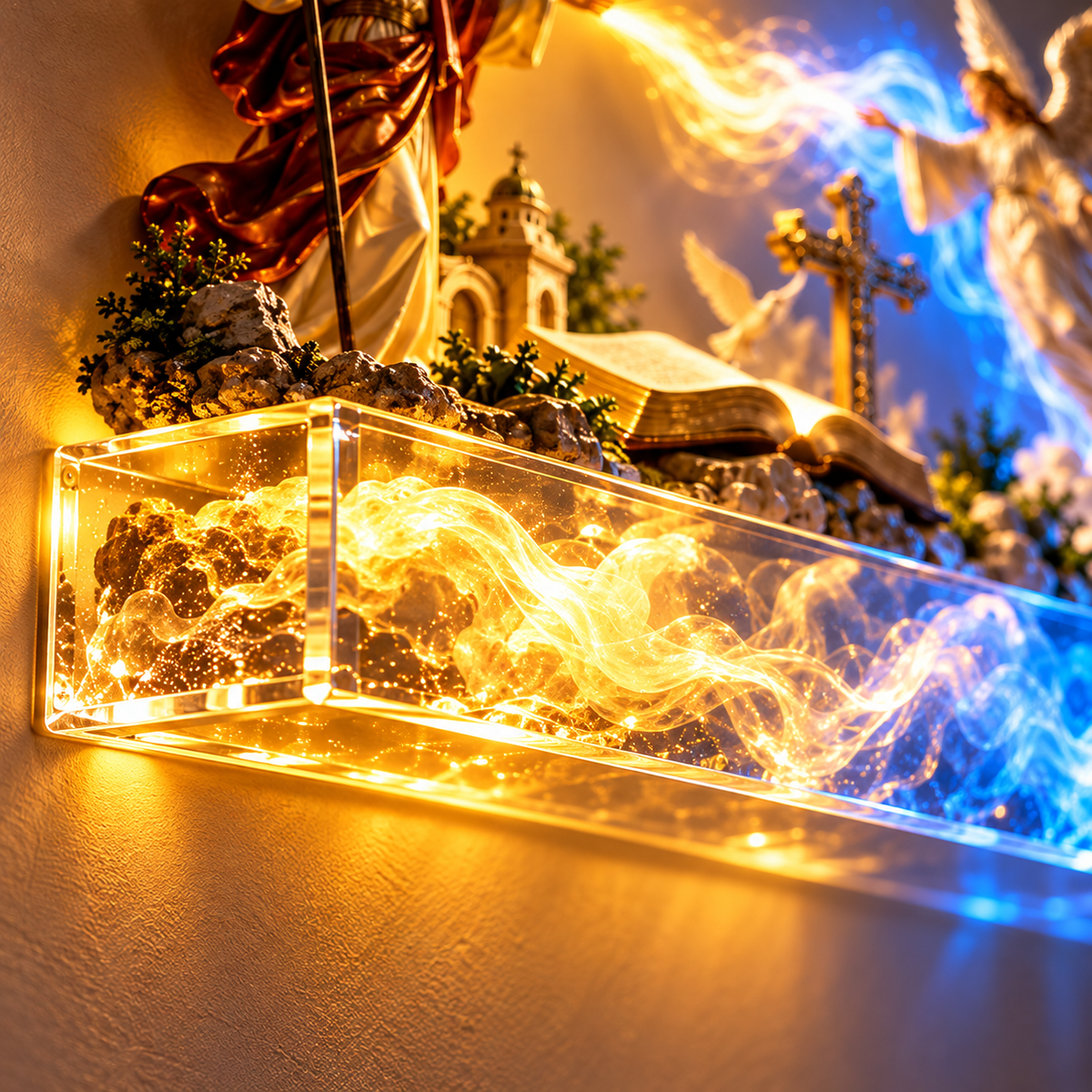 Close-up of illuminated transparent base with gold and blue light