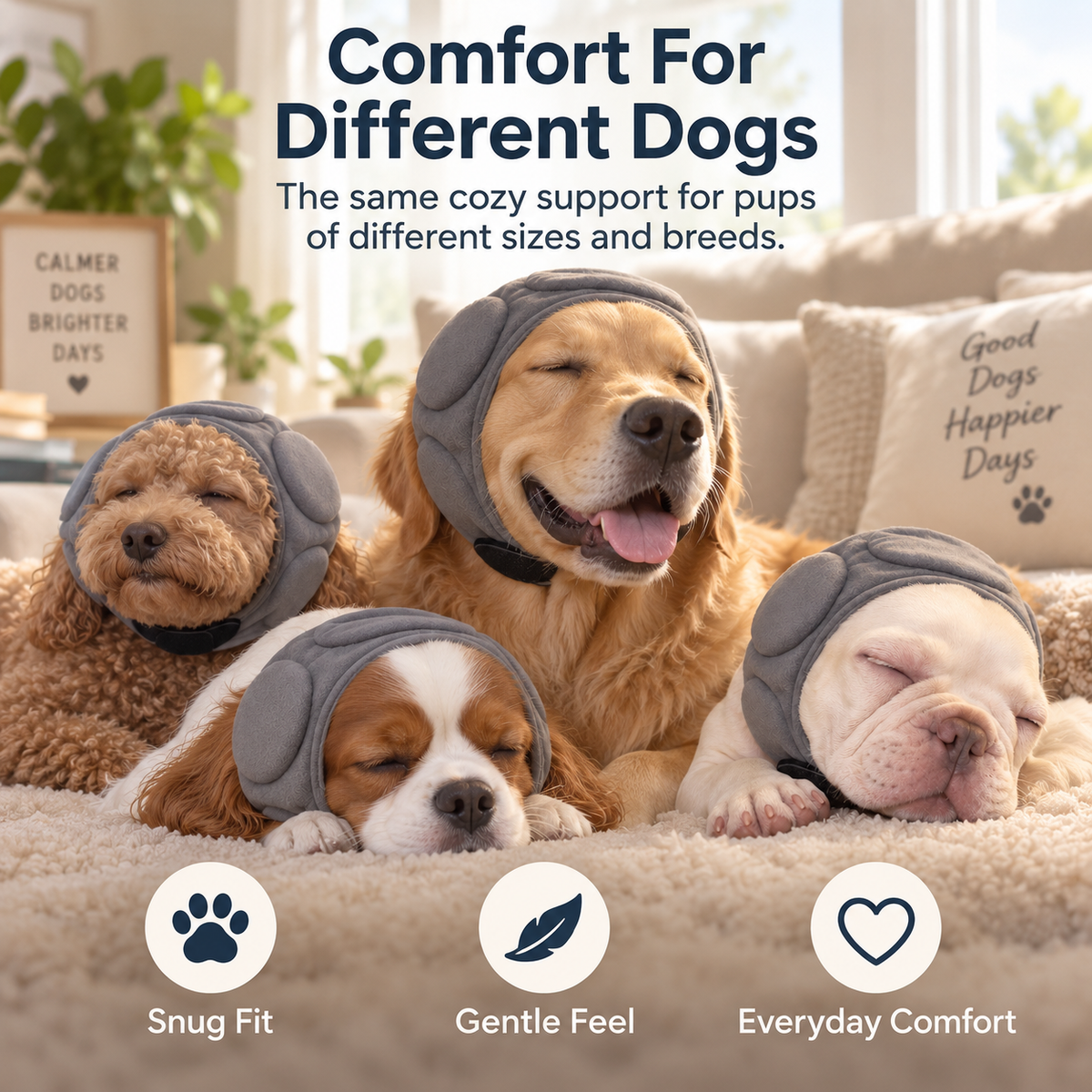 Different size dogs wearing gray padded calming ear wraps