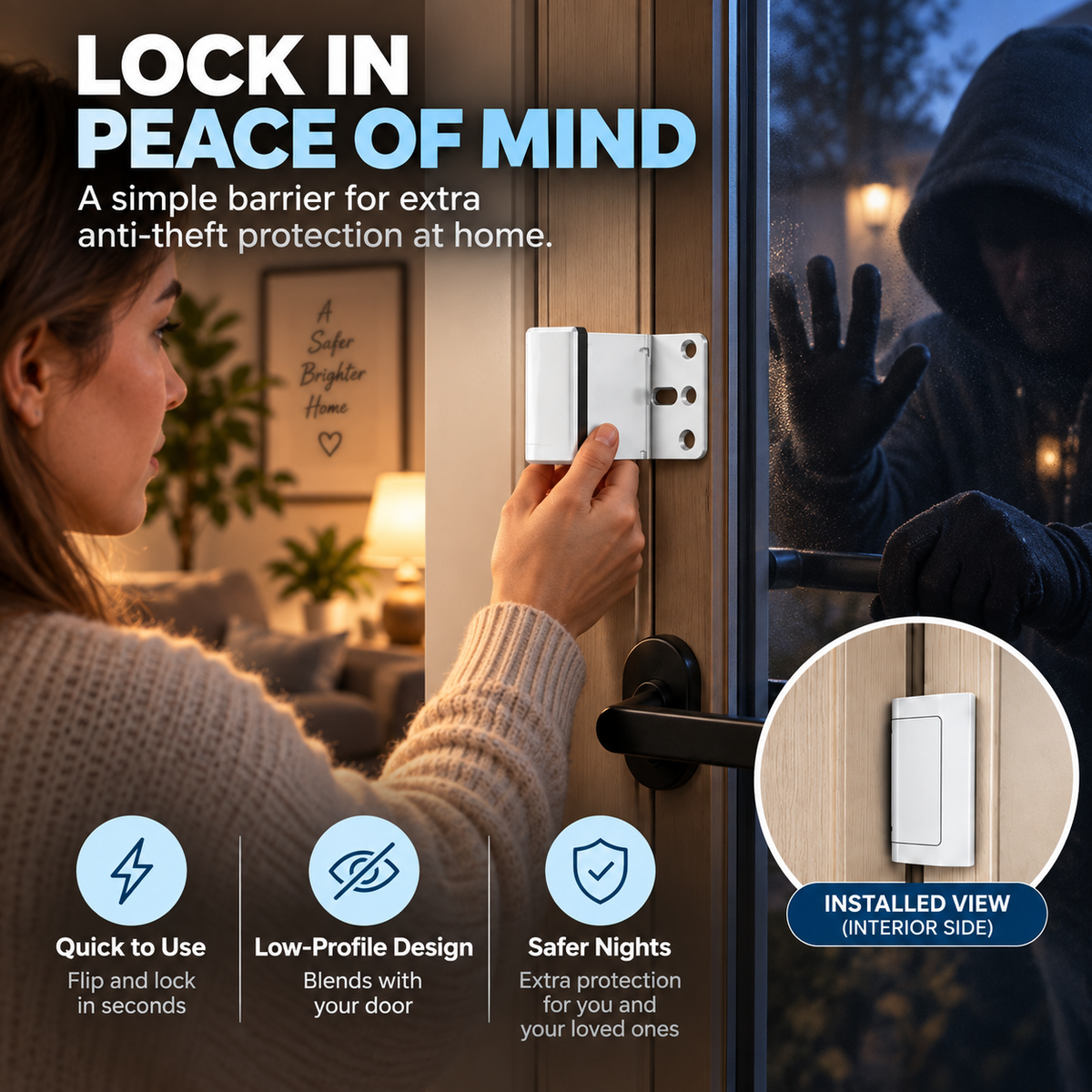 Woman engaging a low-profile door reinforcement lock from inside at night