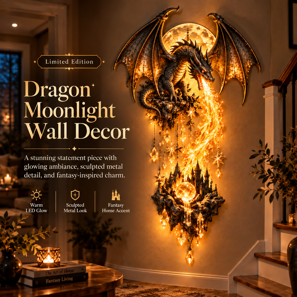 Dragonfire Moonlight Wall Lamp glowing on a fantasy-inspired interior wall