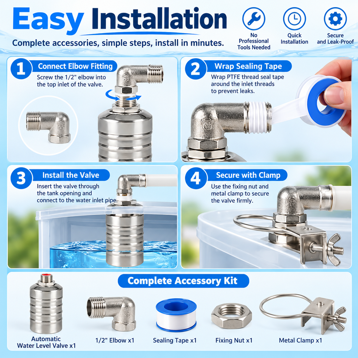 💧 Automatic Water Level Float Valve – 304 Stainless Steel Tank Fill Controller