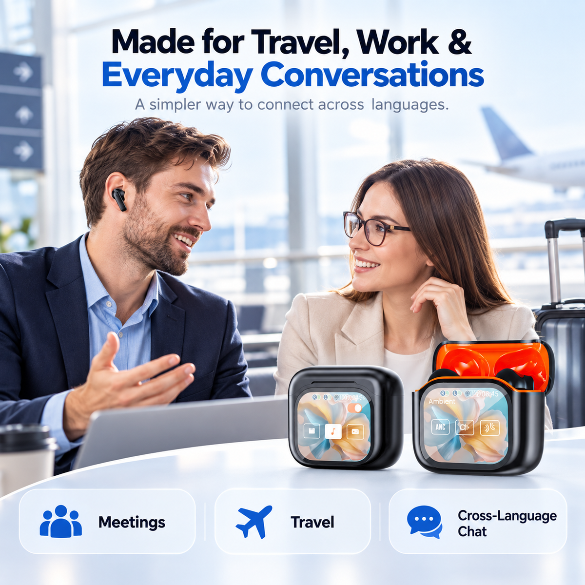 🌍 AI Translation Earbuds – 144 Languages, Smart Touchscreen & Noise-Canceling Audio