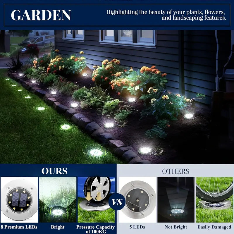 Eight LED solar ground lights illuminating garden