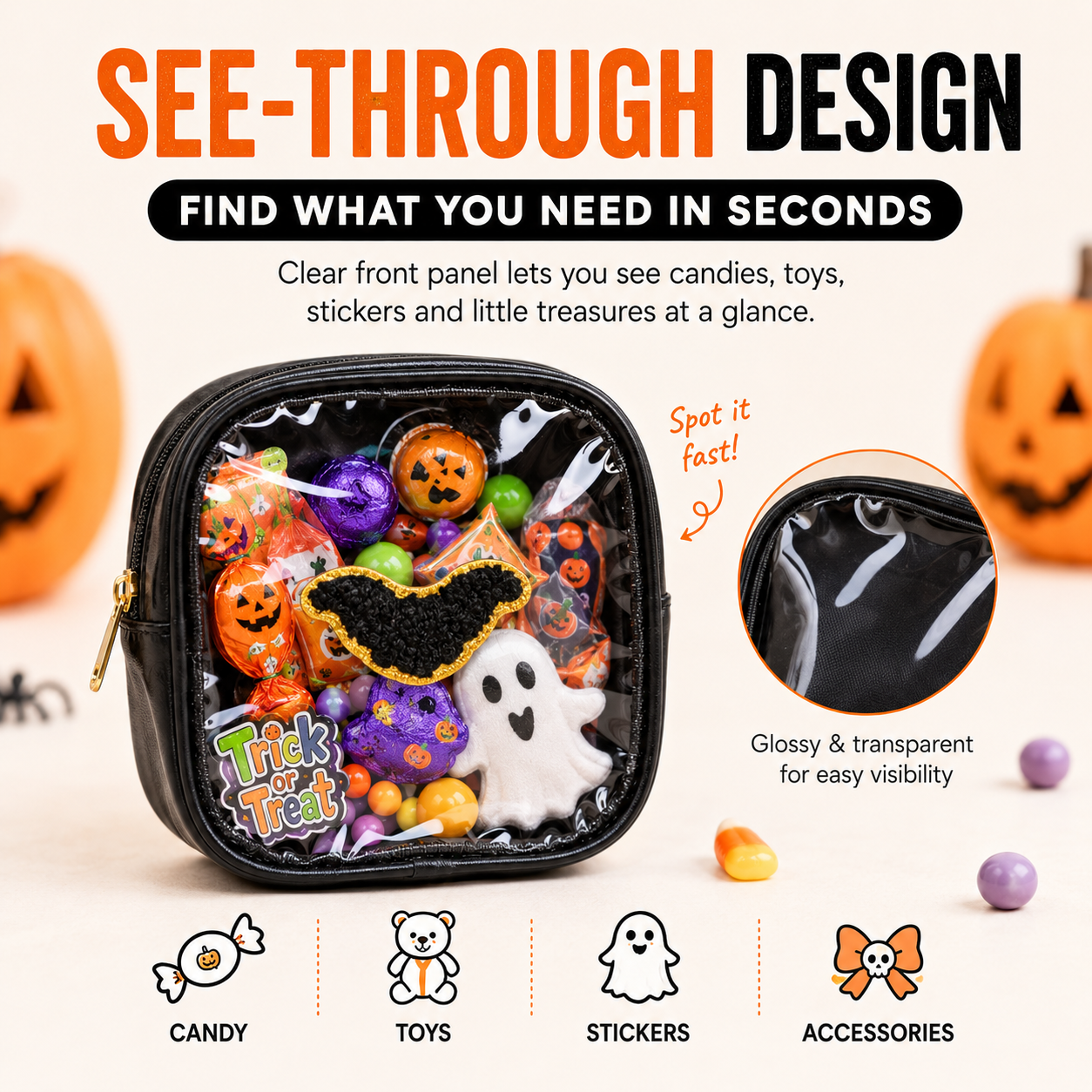 See-through Halloween pouch filled with candy and toys