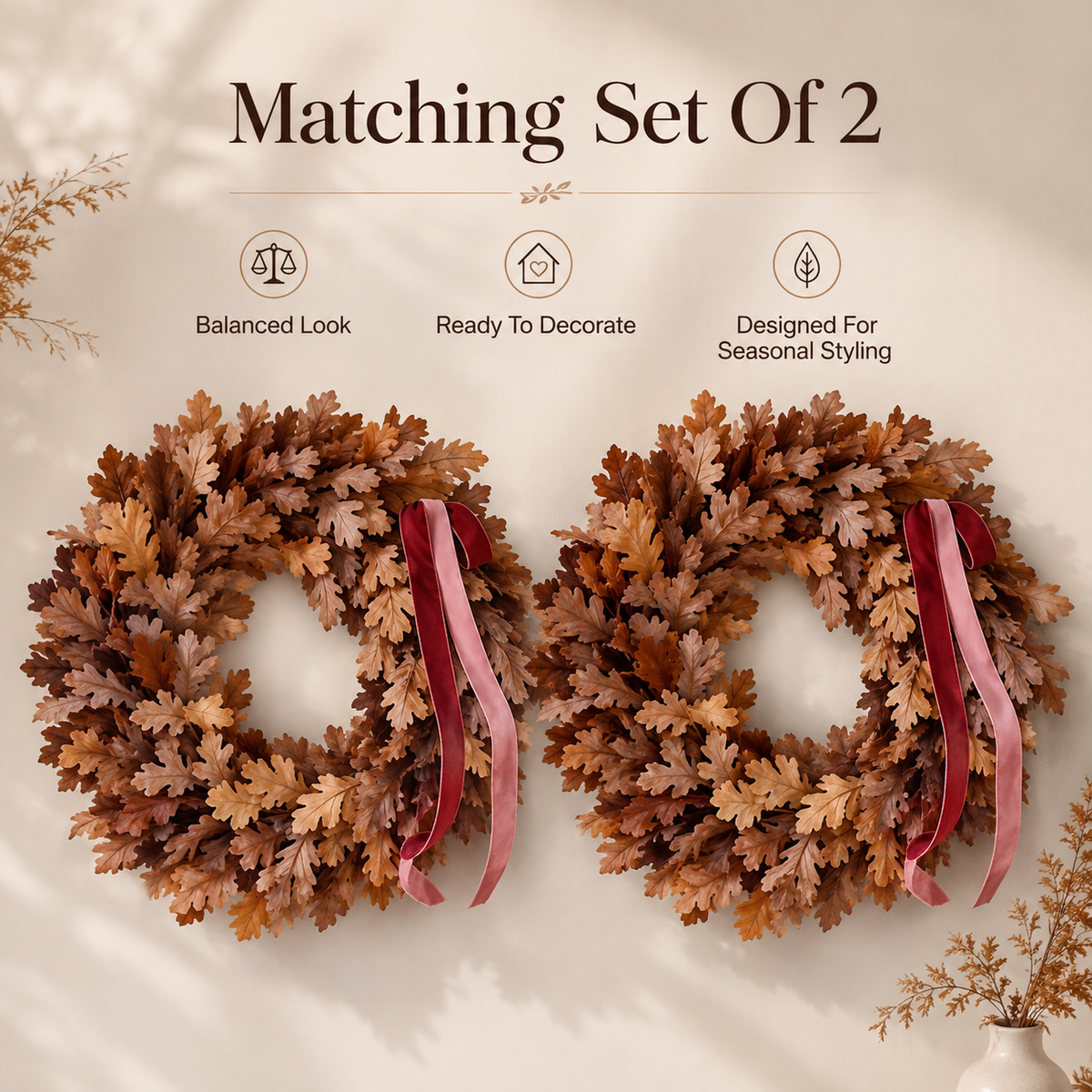🍂 Set of 2 Autumn Leaf Wreaths With Ribbon – Matching Fall Door & Home Decor
