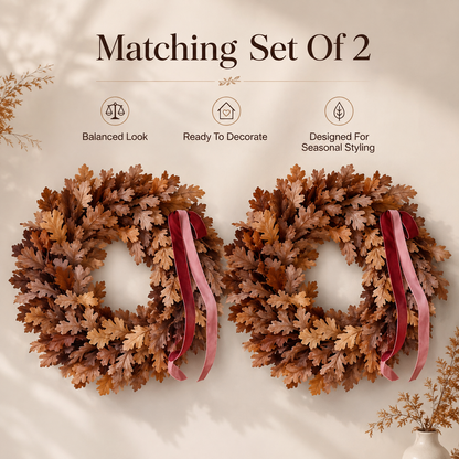 🍂 Set of 2 Autumn Leaf Wreaths With Ribbon – Matching Fall Door & Home Decor