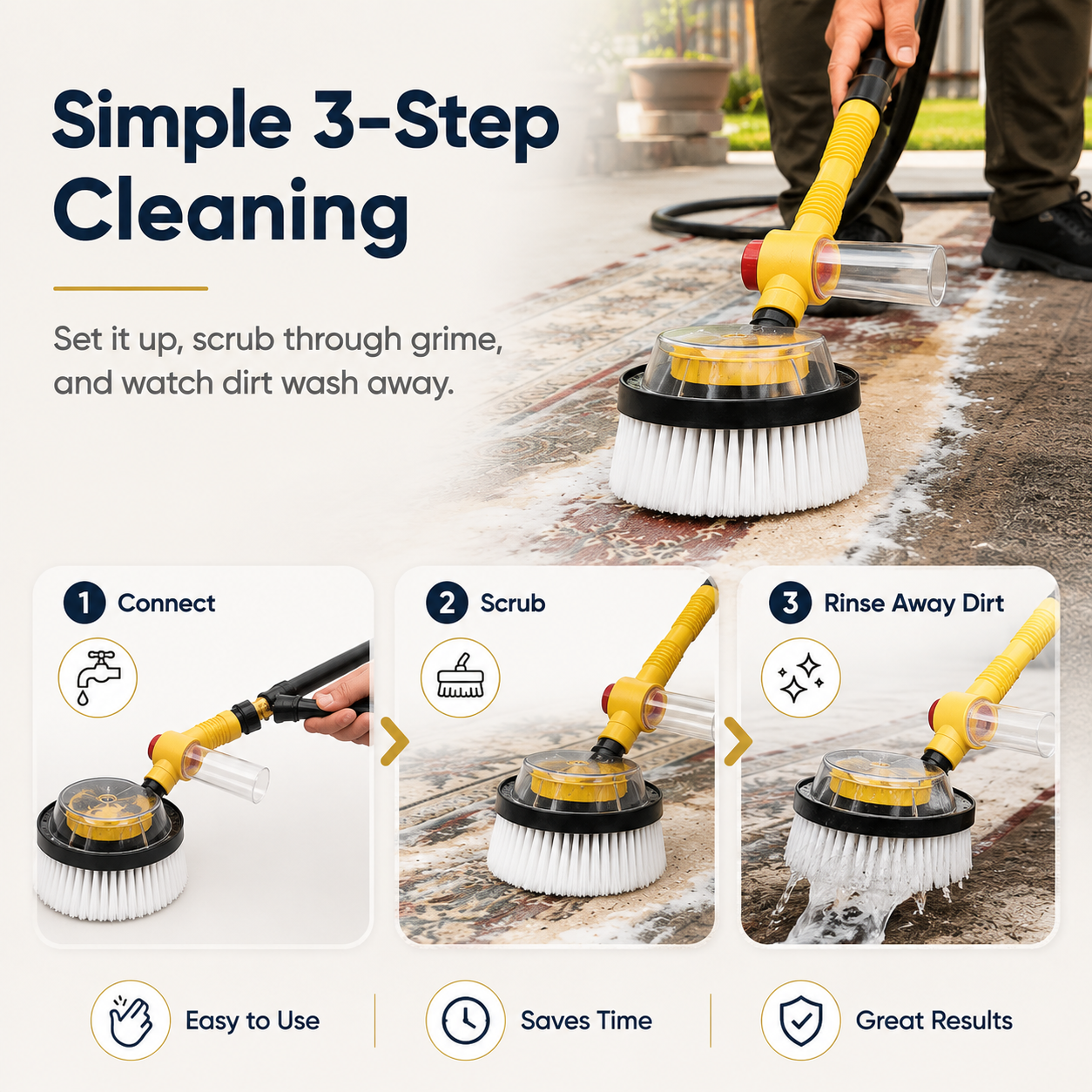 Three step water assisted scrub brush cleaning process