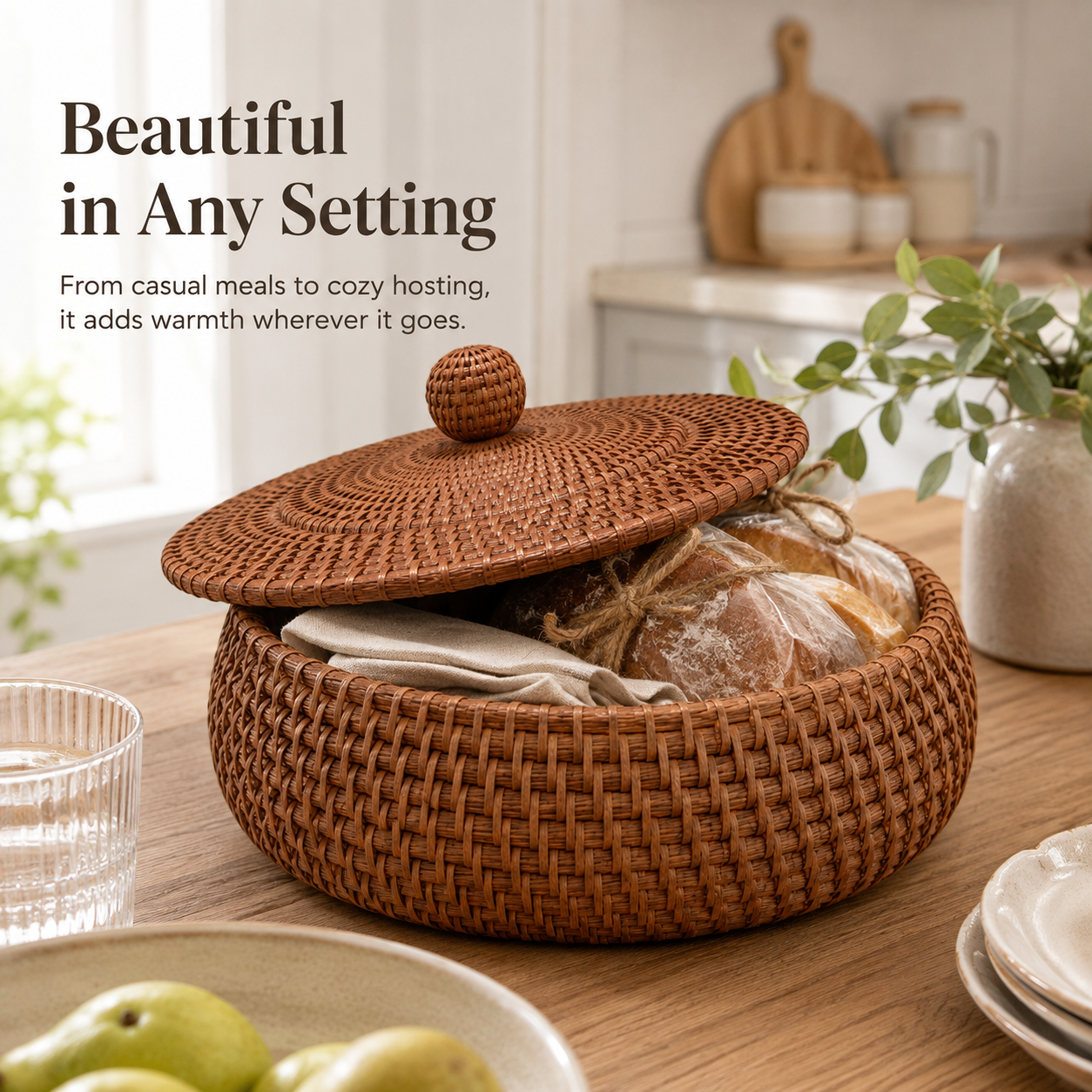 🧺 Woven Tortilla Basket With Lid – Covered Bread & Table Serving Basket