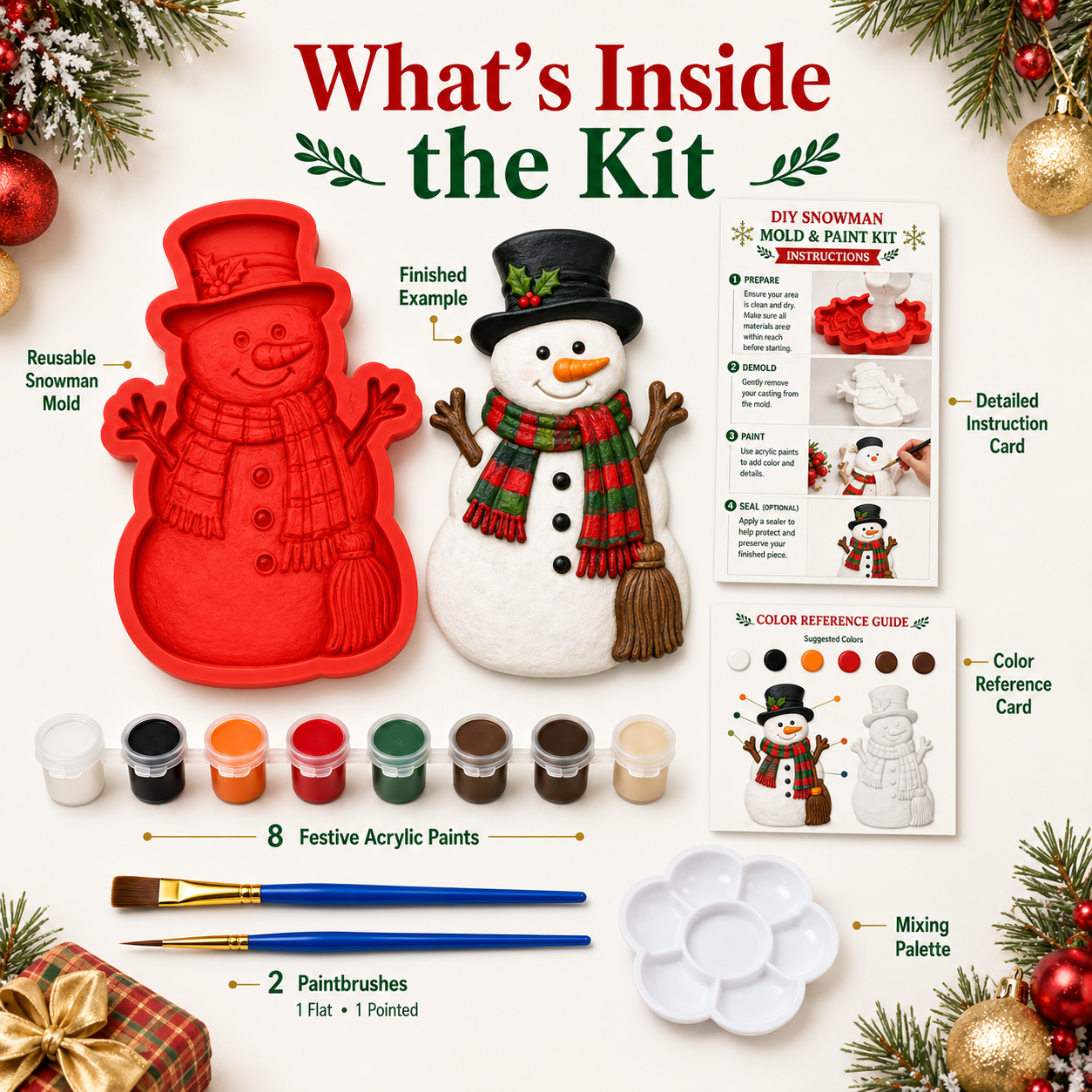 🎄 DIY Christmas Mold & Paint Craft Kit | Reusable 3D Mold with 8 Acrylic Paints, 2 Brushes & Festive Detail Guide 🎨✨