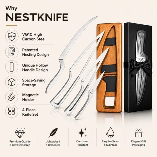 4-Piece Magnetic Kitchen Knife Set | VG10 Japanese Steel & Space-Saving Nesting Design