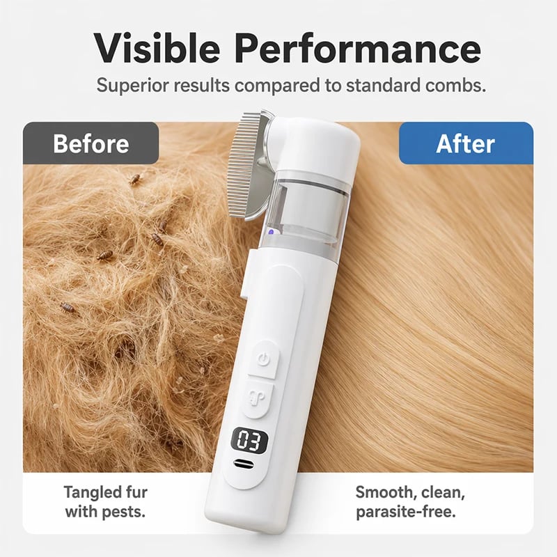 Pet grooming comb before and after coat comparison