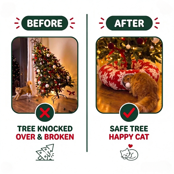 🐱 3-in-1 Christmas Cat Tunnel Bed & Tree Skirt – Cozy Donut Hideaway with Zipper