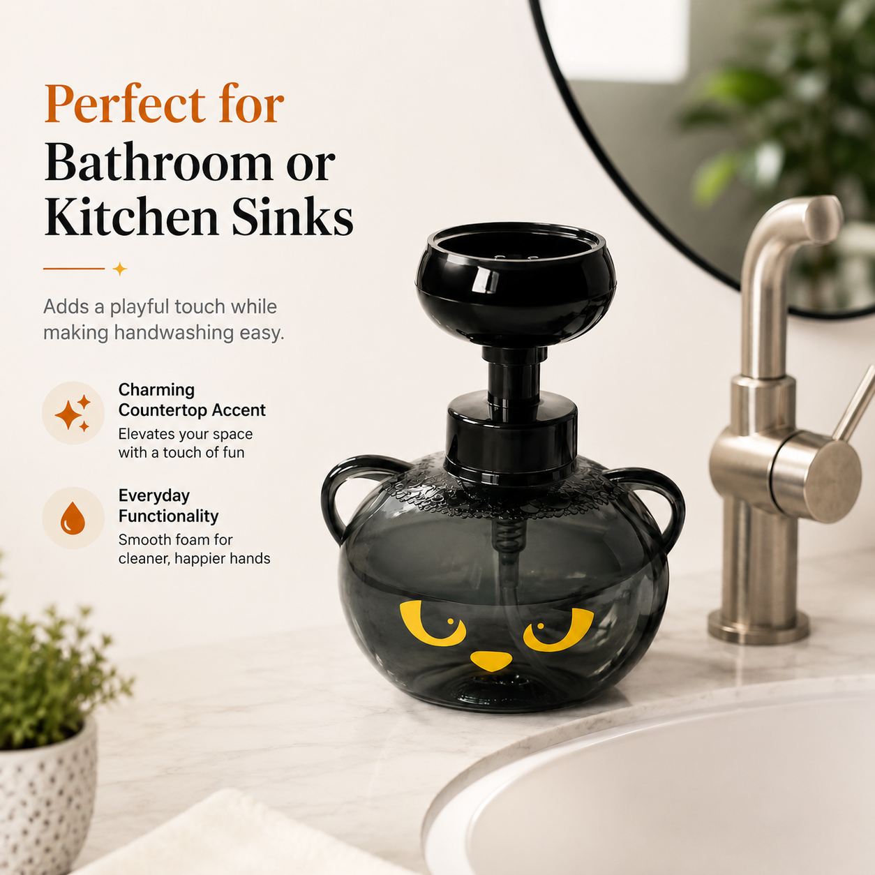 Spooky cat foam soap dispenser beside bathroom or kitchen sink