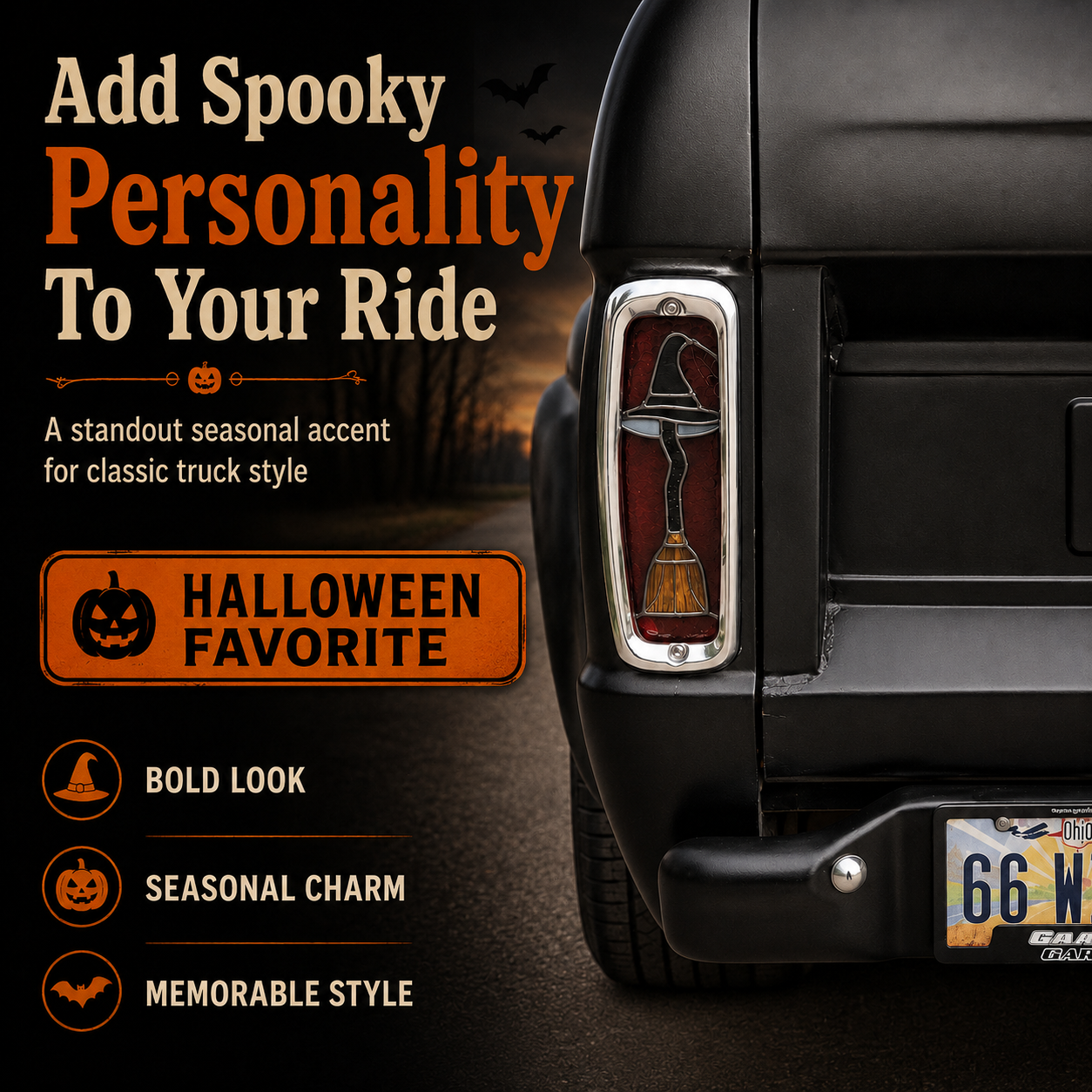 🎃 Halloween Witch Hat & Broom Tail Light Lens Accent for Classic Trucks（2 PCS）