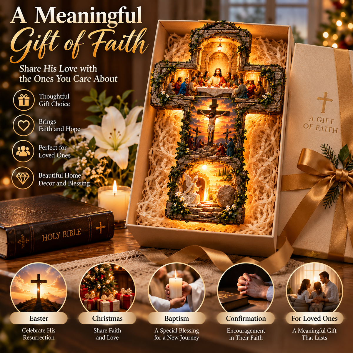 He Is Risen cross shown as a meaningful Christian gift in a presentation scene