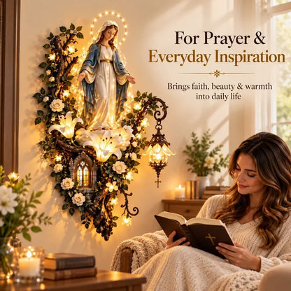 🕊️ Illuminated Virgin Mary Floral Wall Decor – Light-Up Marian Faith Wall Art