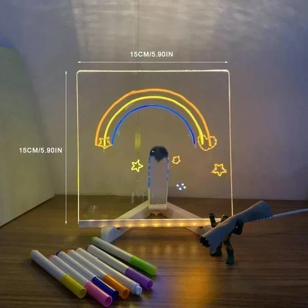 Small 5.9 by 5.9 inch luminous drawing board with a glowing rainbow