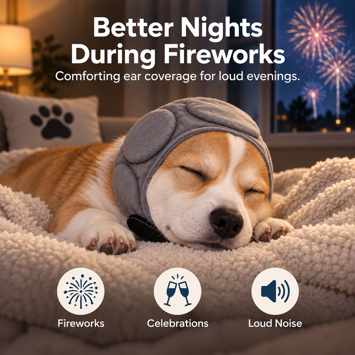 Dog wearing soft padded ear wrap during fireworks