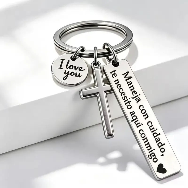 Keychain with Cross and 'I Love You' Charm
