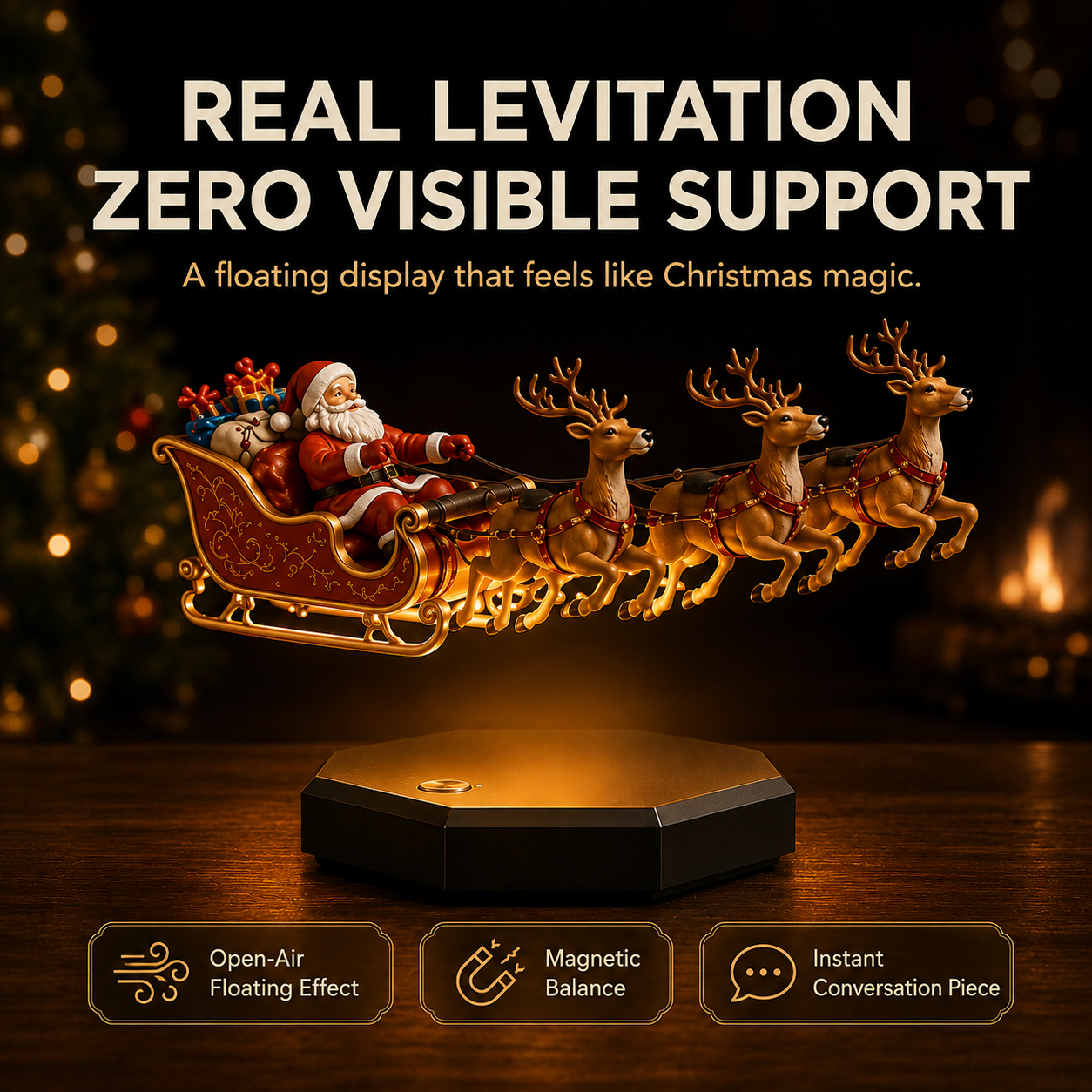 🎅 Floating Santa Sleigh with 4 Reindeer – Magnetic Christmas Centerpiece
