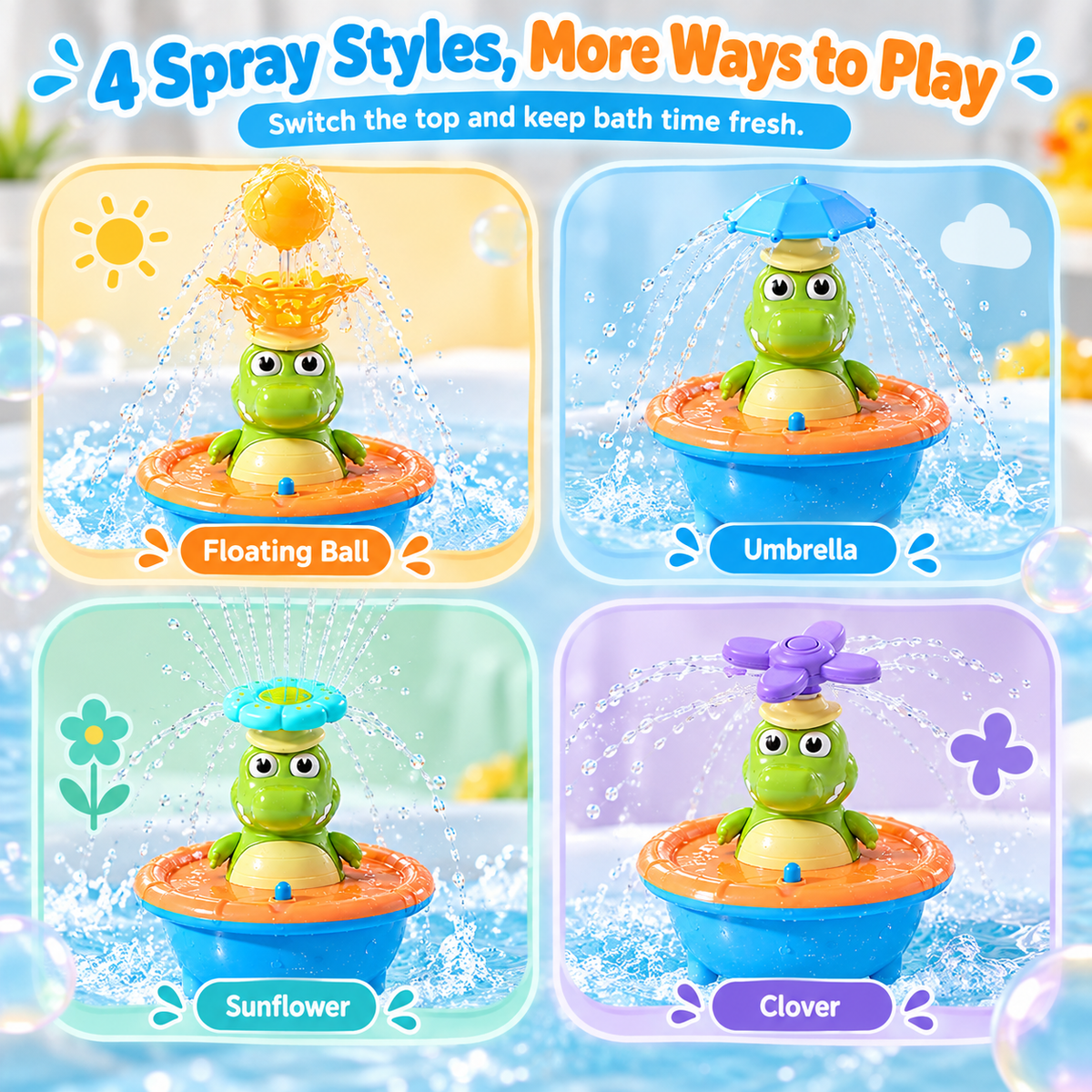 🐊 Floating Crocodile Bath Sprinkler Toy | 4 Spray Tops & Light-Up Water Play
