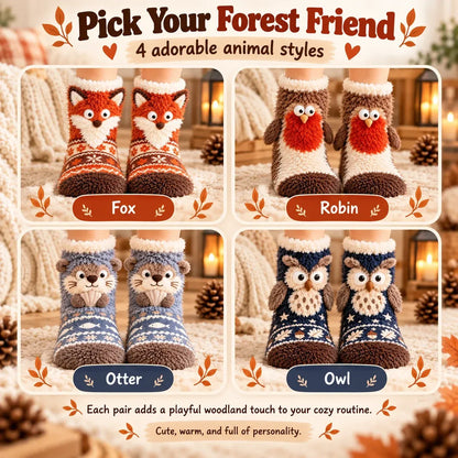 🦊🐦 Cozy 3D Animal Fuzzy Slipper Socks – Cute & Warm House Socks 🦦🦉