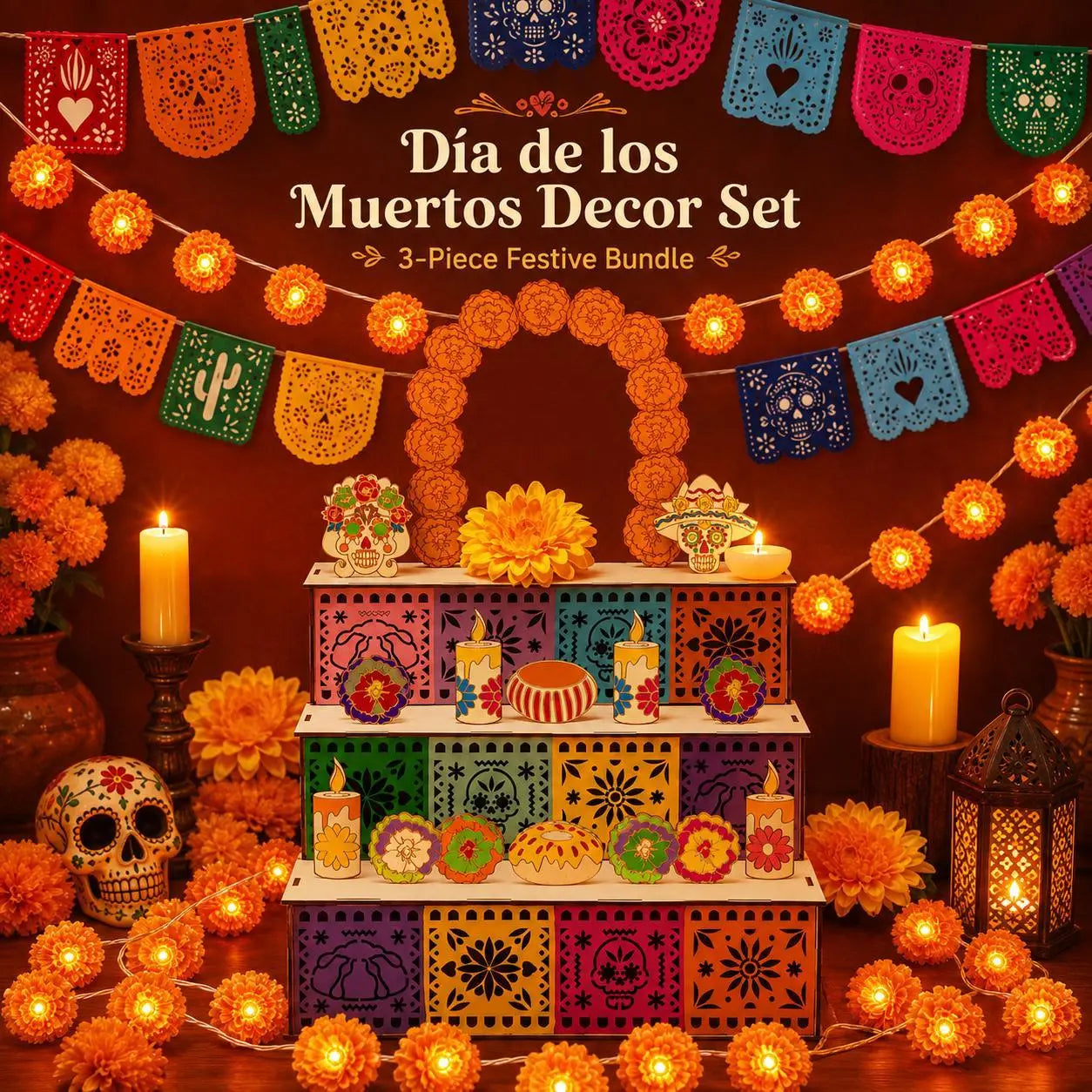 💀3-Tier Mexican Day of the Dead Wooden Altar Display Set🏵️