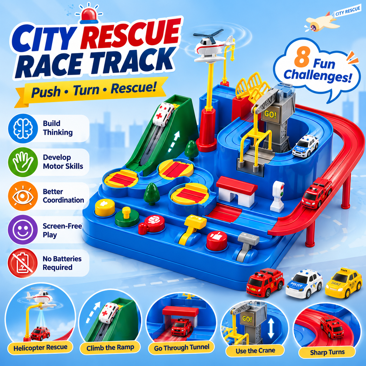 Kids Race Track Adventure Toy – Interactive Puzzle Track Playset with 6 Cars, Builds Thinking & Fine Motor Skills, Safe & Easy Assembly