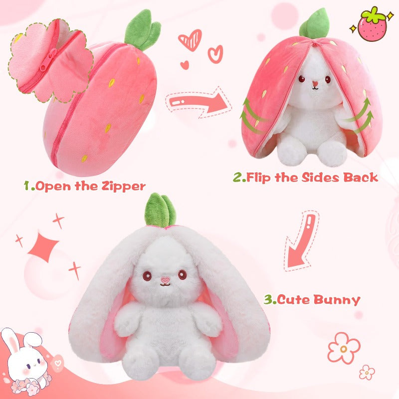 2-in-1 Strawberry Bunny Reversible Plush – Zip & Flip Transforming Toy