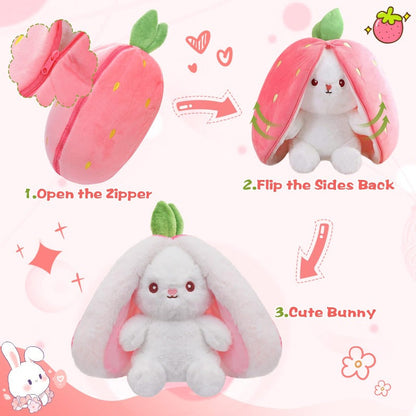2-in-1 Strawberry Bunny Reversible Plush – Zip & Flip Transforming Toy