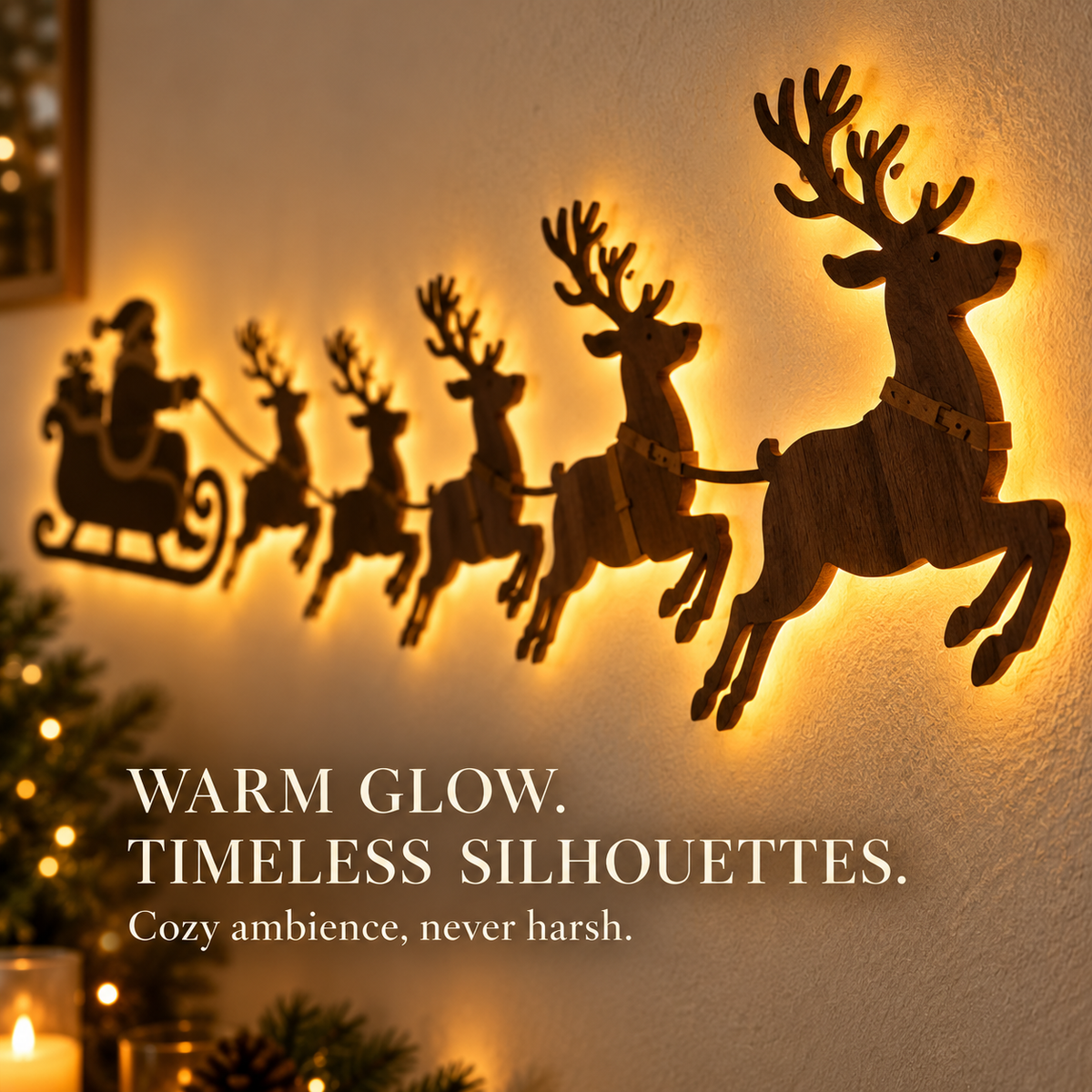 Santa & 6 Reindeer LED Wall Décor – Peel, Press & Glow